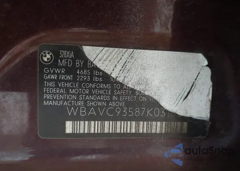 2007 BMW 328Xi z USA, uszkodzony, nr VIN WBAVC93587K031856